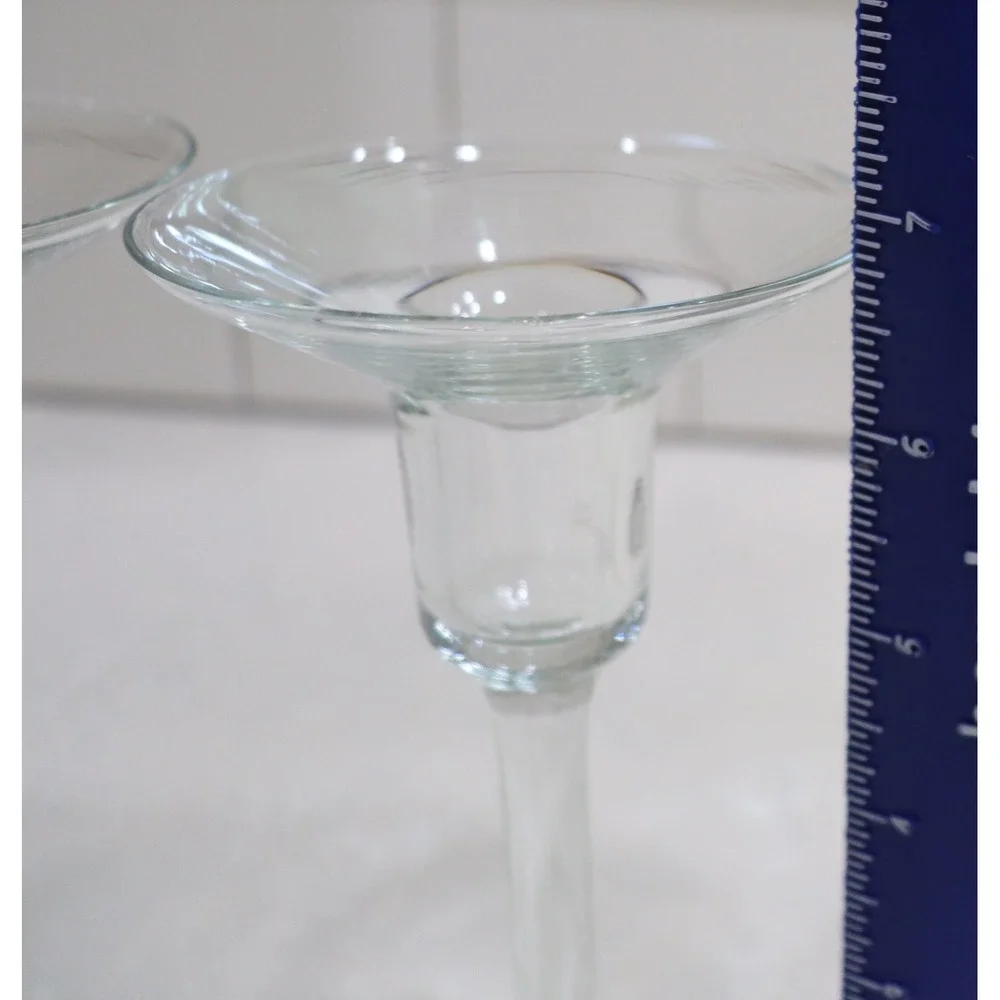 Pair Clear Hand Blown Glass Taper Candlestick Holders 6.75